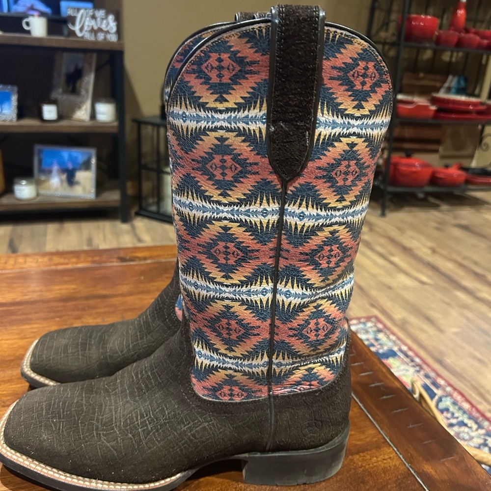 Ariat Pendleton Brown Leather Western Boots with Coral Navy & Cream Aztec Shaft